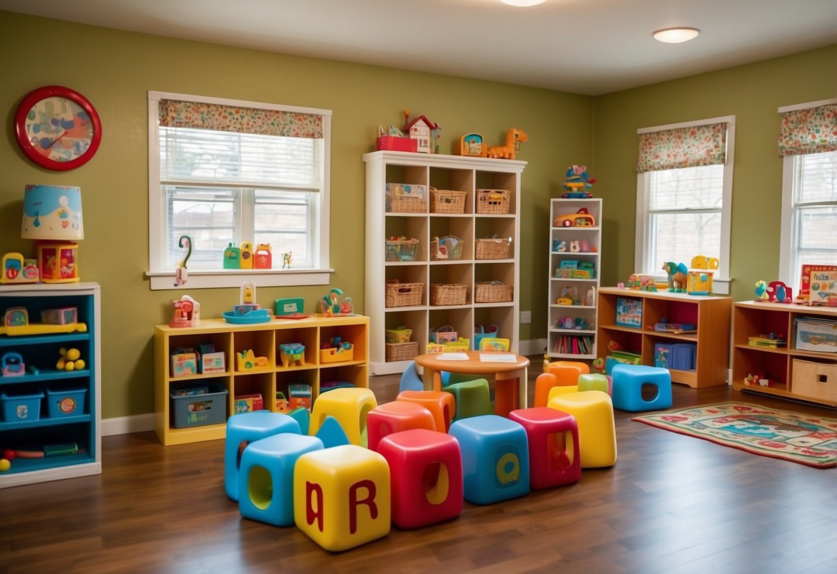 A cozy home daycare with colorful alphabet wall decals, soft floor mats, and shelves filled with educational toys and books. A small table and chairs are set up for crafts and activities