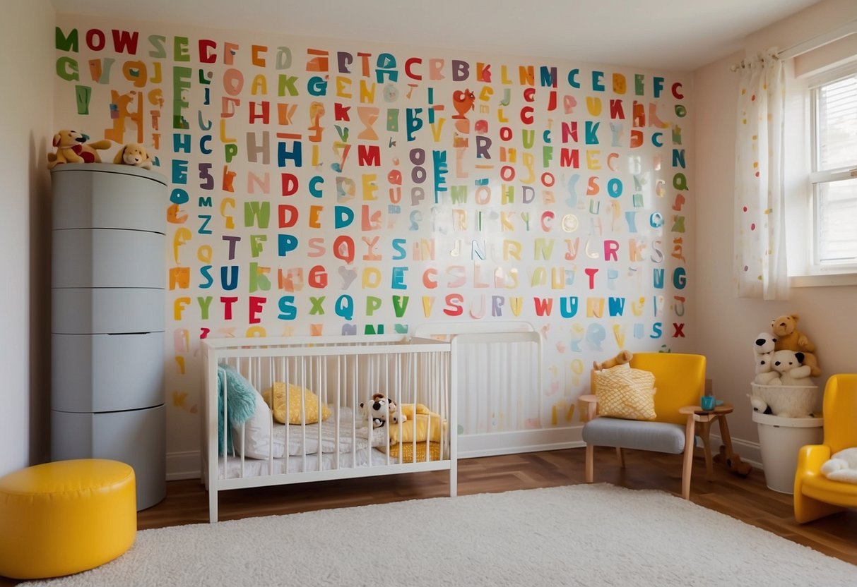 Colorful alphabet wall decals cover the walls of a bright and cheerful home daycare, creating a fun and educational environment for young children