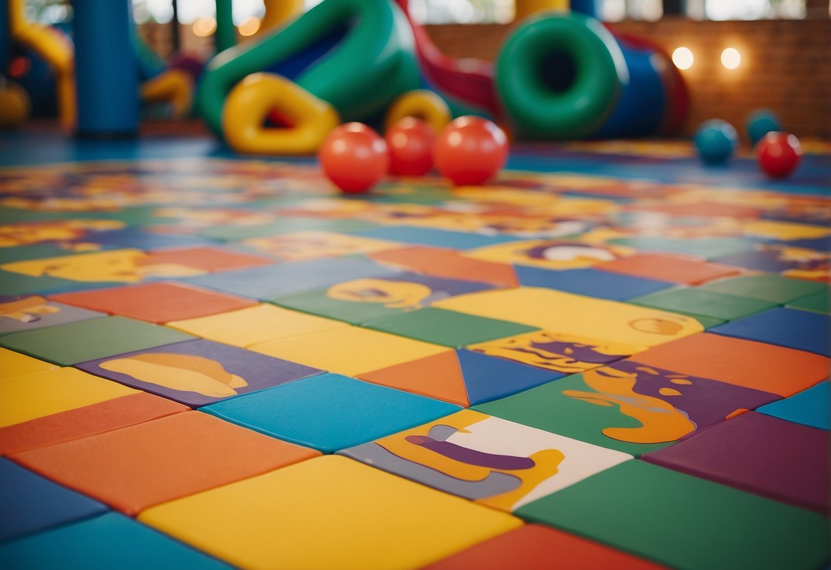 Colorful soft play mats with animal prints cover the floor, creating a fun and inviting space for children in a home daycare