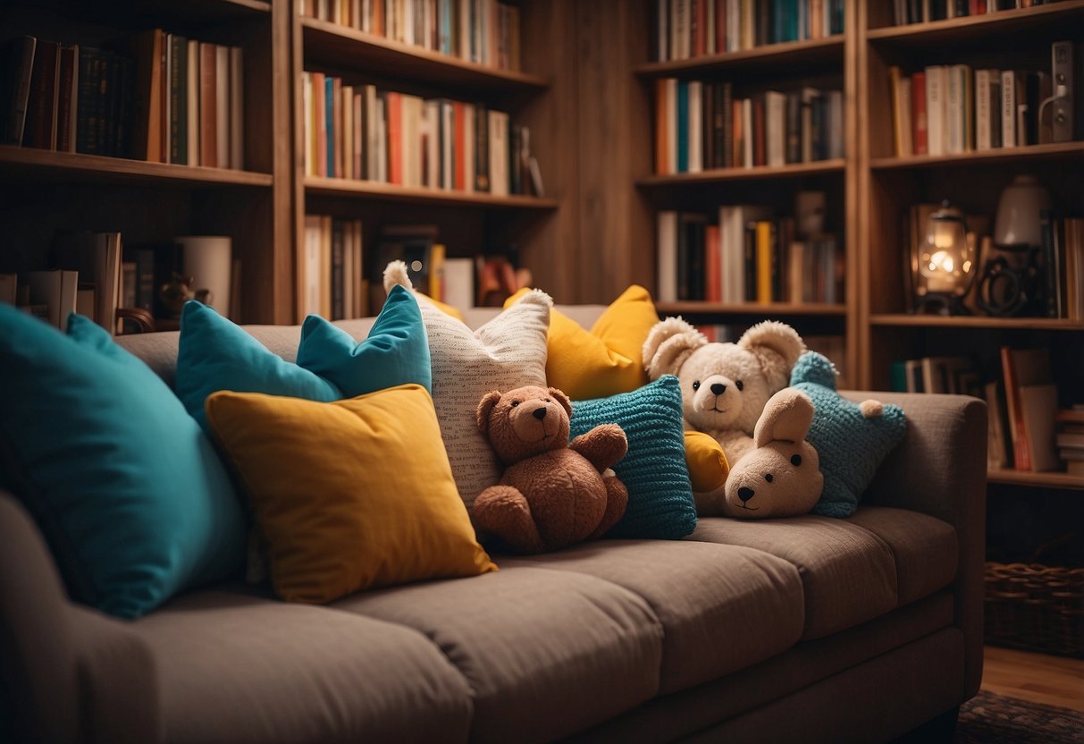 A cozy reading nook with colorful cushions and soft lighting, surrounded by bookshelves and stuffed animals