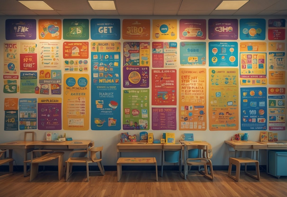 Colorful posters adorn the walls, featuring alphabet, numbers, and shapes. Children point and interact with the educational visuals