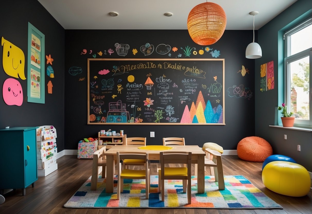 A chalkboard wall with colorful chalk drawings in a bright and playful home daycare setting