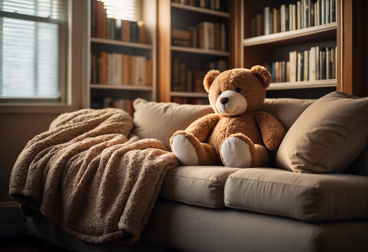 A cozy nap area with matching blankets, soft pillows, and a warm color scheme. Teddy bears and storybooks are neatly arranged on the shelves