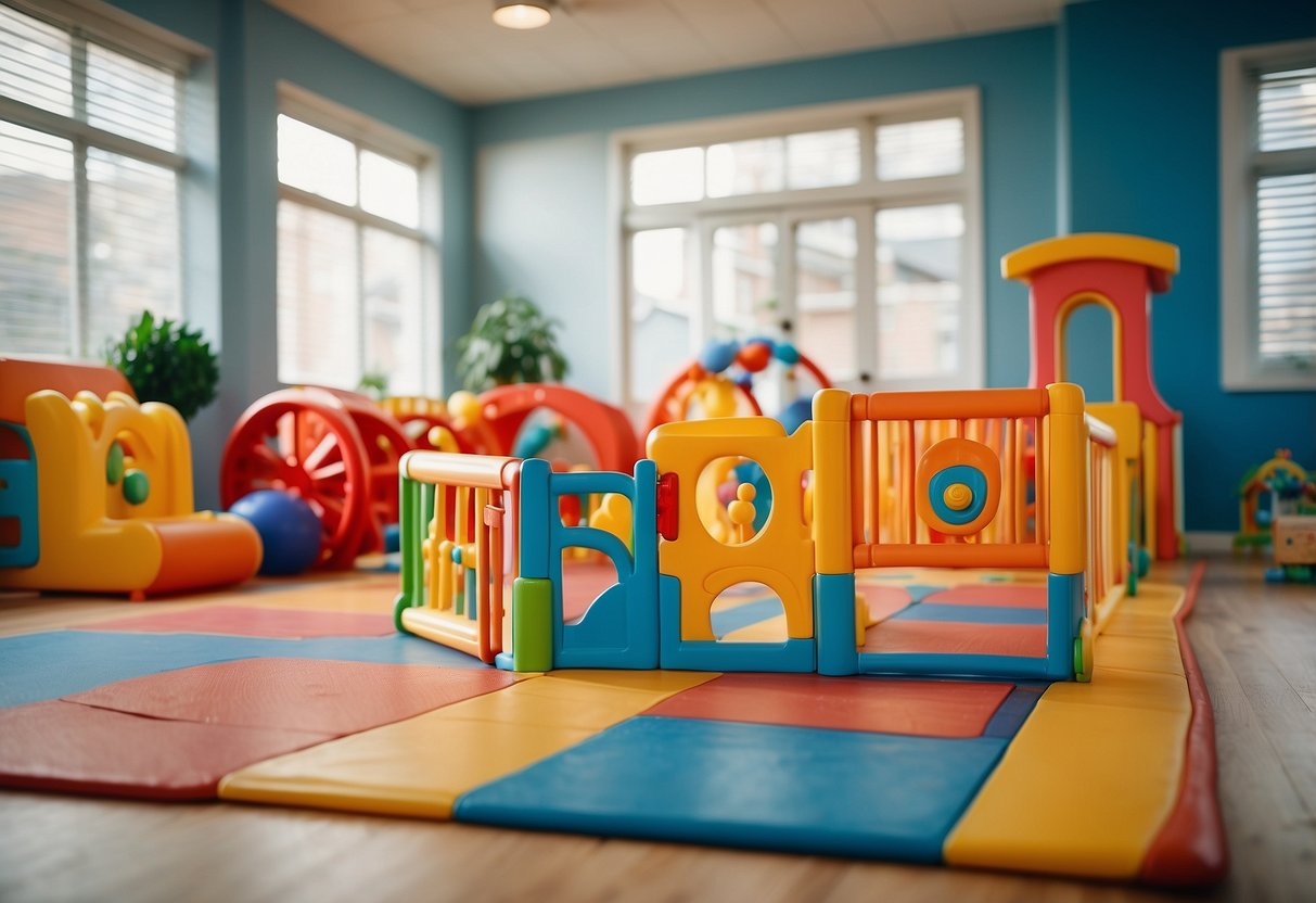 A bright and cheerful play area with soft, padded flooring, child-sized furniture, and colorful, age-appropriate toys. Safety gates, secure locks, and rounded edges on furniture