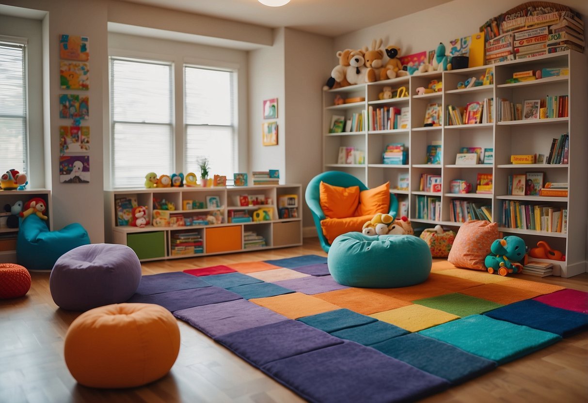 A bright, colorful play area with soft foam flooring, shelves of toys and books, and a cozy reading nook with bean bag chairs and a colorful rug