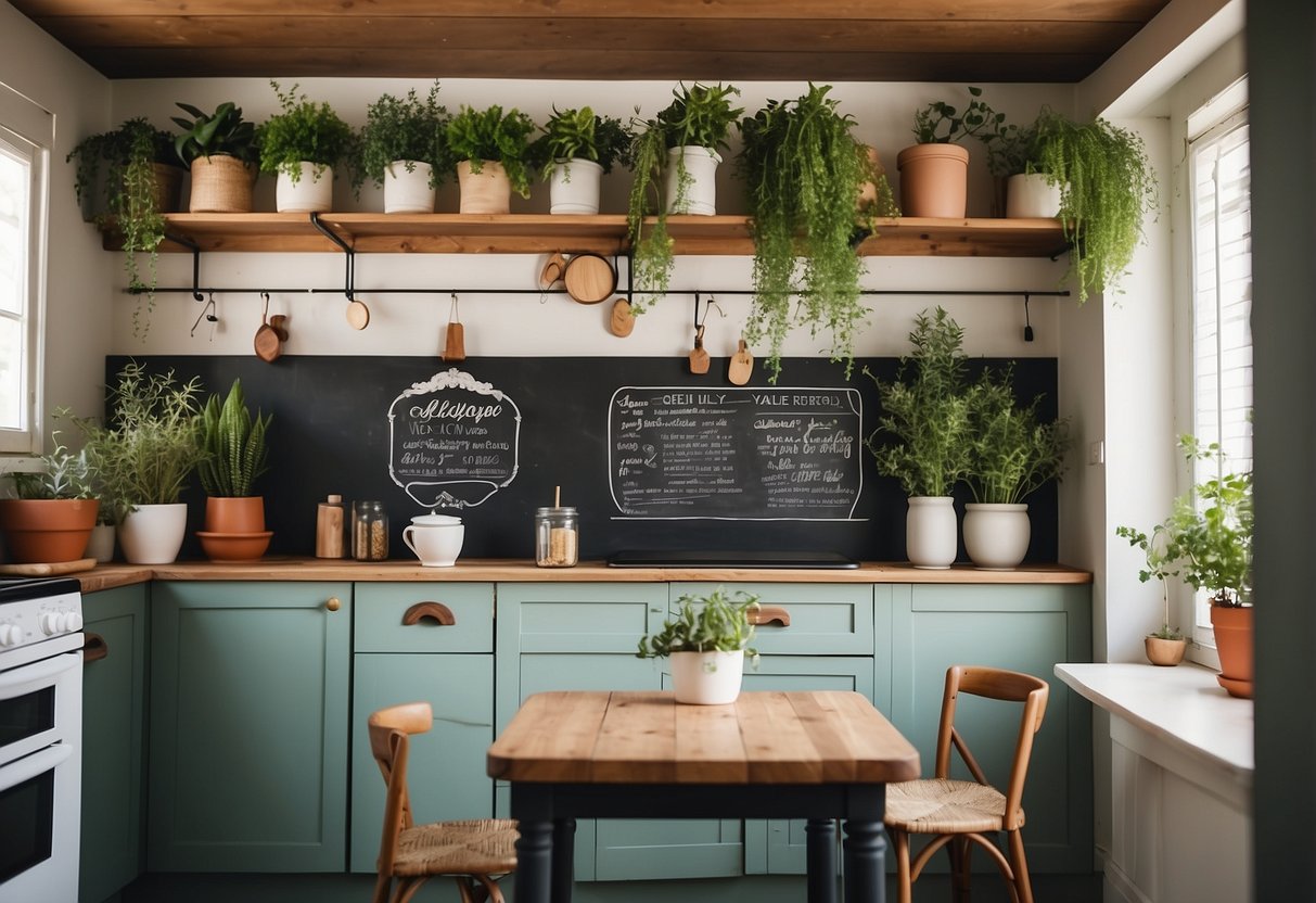 A bright kitchen with hanging plants, painted mason jars, and a chalkboard menu on the wall. A cozy rug and colorful tea towels add a personal touch