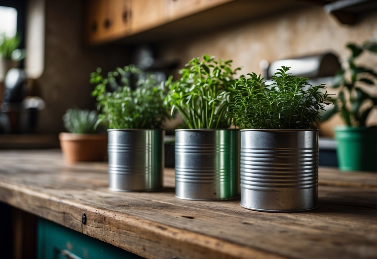 A rustic kitchen counter with repurposed vintage tin cans filled with vibrant green plants, creating a charming DIY decor idea