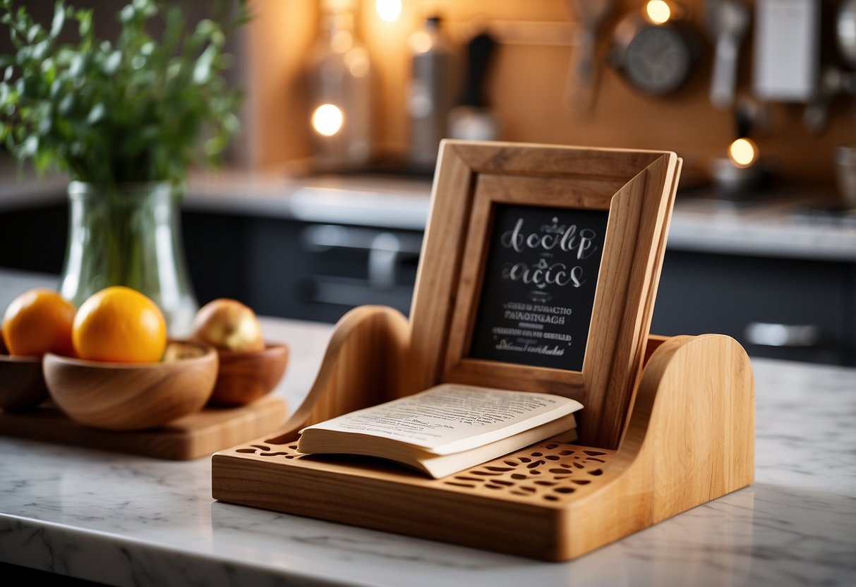 A wooden recipe book stand sits on a kitchen counter, adorned with personalized decorations. Utensils and spices are arranged around it, adding to the cozy and inviting atmosphere