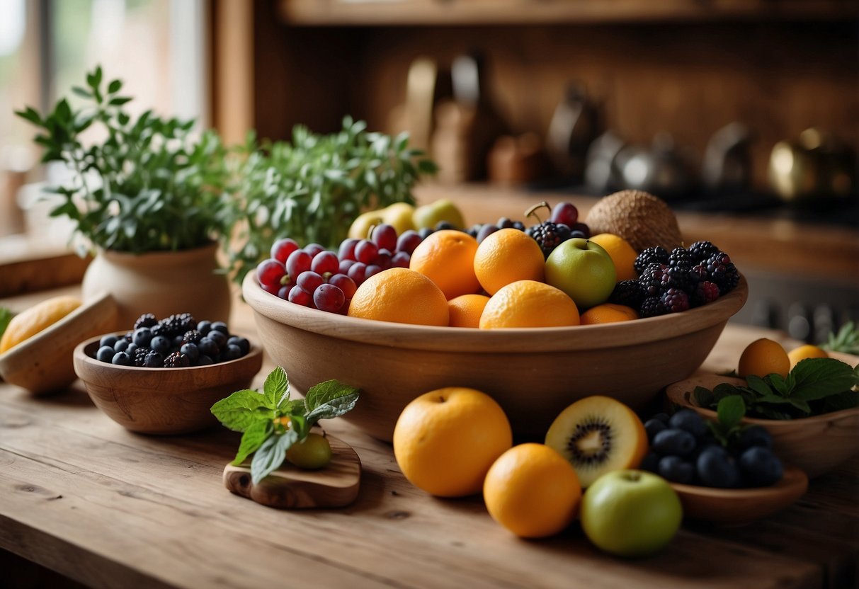 A rustic kitchen counter with a handmade clay fruit bowl filled with vibrant fruits, surrounded by wooden utensils and potted herbs