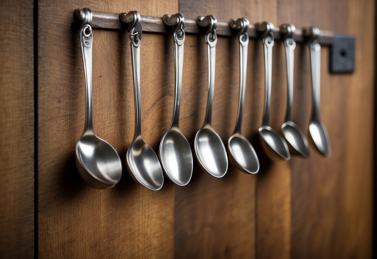 Several metal spoons are bent and attached to a wooden board, creating unique hooks for hanging kitchen utensils