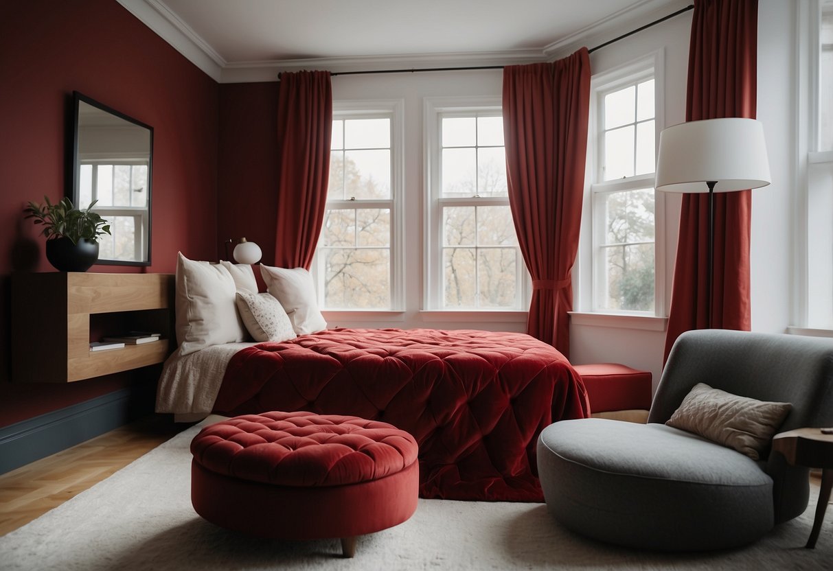 A red bedroom with a plush, crimson bedspread, matching curtains, and a cozy reading nook with a red armchair and ottoman