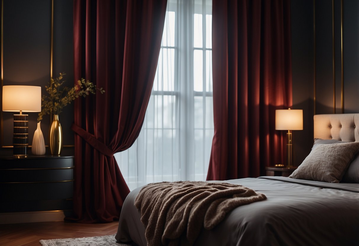 A bedroom with deep red garnet curtains, elegant decor, and cozy ambiance