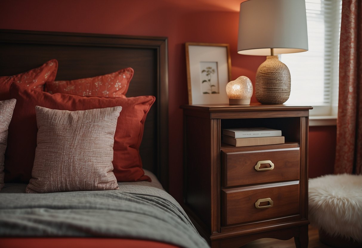 A cherry wood nightstand sits in a cozy red bedroom, adorned with matching decor, creating a warm and inviting atmosphere