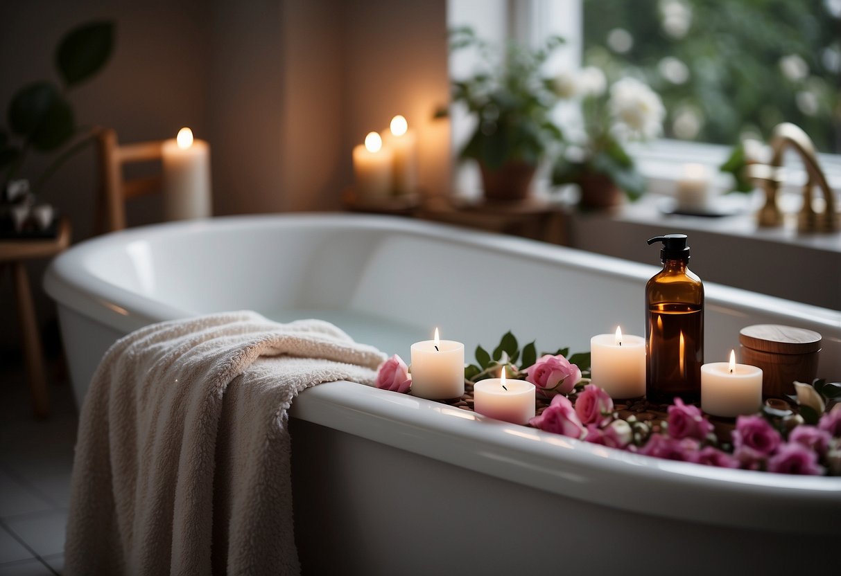 A serene bathroom with soft lighting, plants, fluffy towels, and a tray of essential oils and candles. A bathtub filled with rose petals and a cozy robe hanging nearby