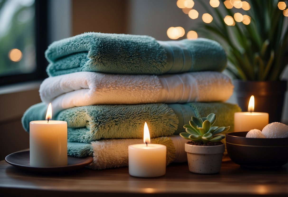 Plush towels arranged in a spa-like setting with candles and potted plants for a luxurious home decor illustration