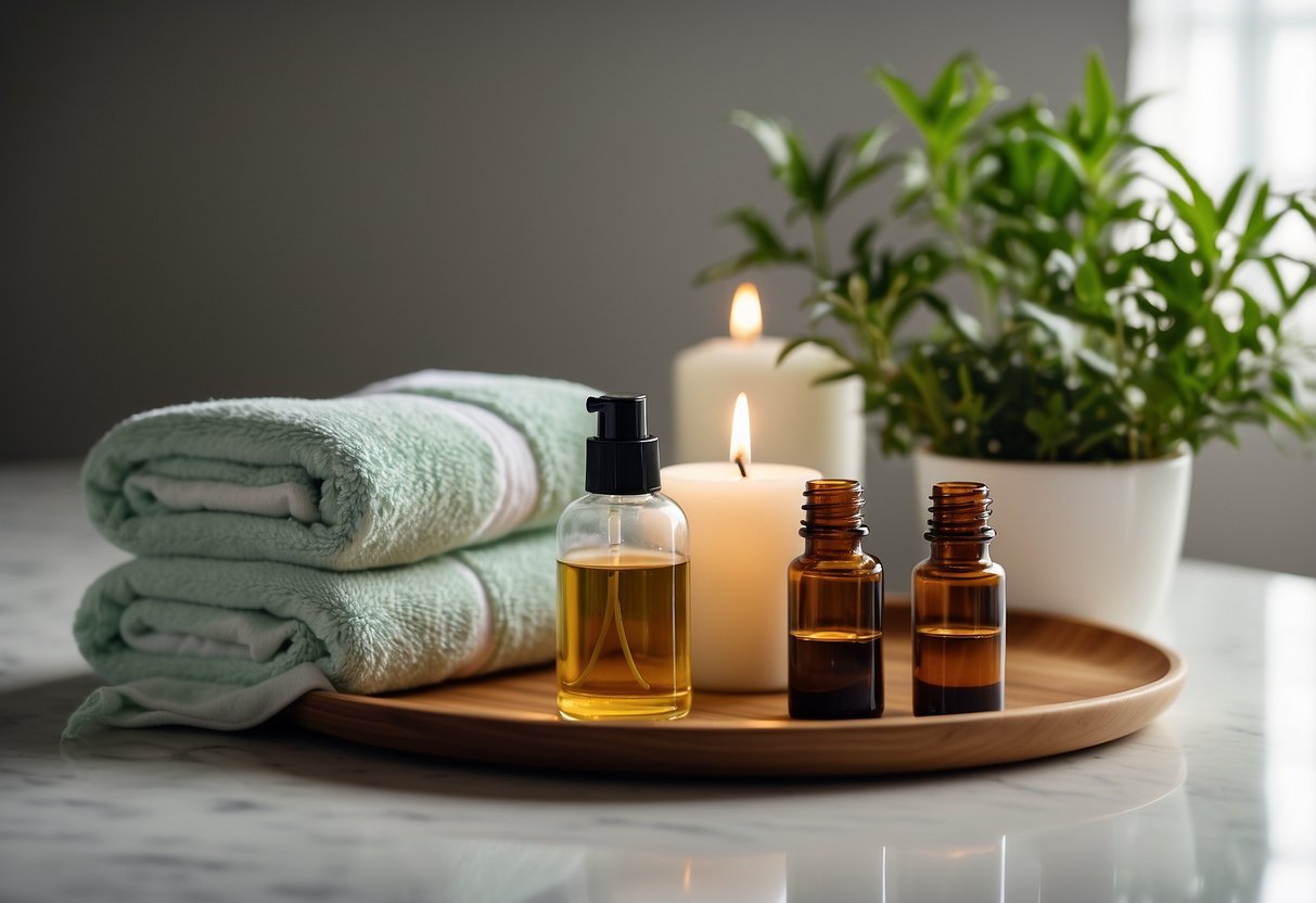 A serene bathroom with a bamboo tray holding essential oil bottles, candles, and a potted plant. Soft towels and a plush robe are neatly folded nearby