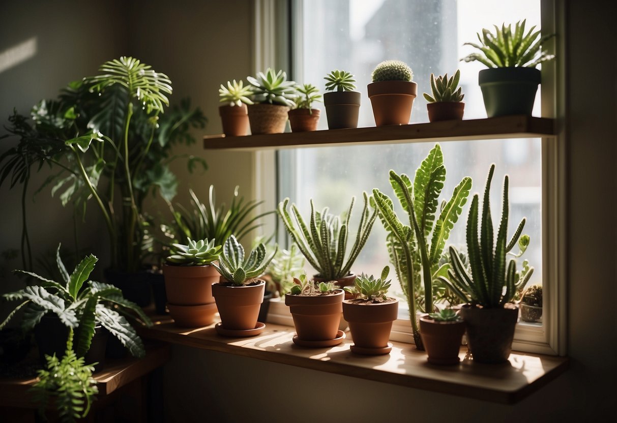 A living room with hanging planters, potted succulents, and a lush green fern in a corner. A wooden shelf displays small cacti and a terrarium. Sunlight streams in through sheer curtains