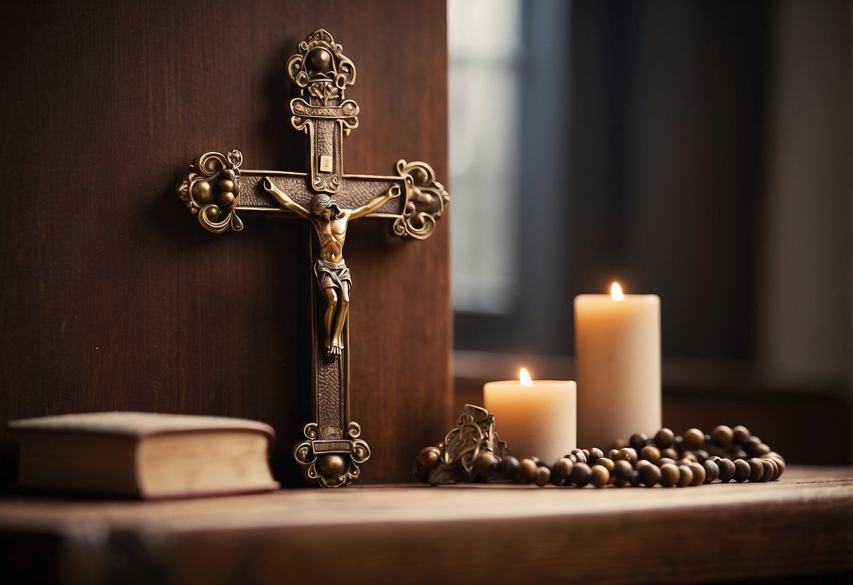 A crucifix hangs on a wall above a wooden prayer kneeler. A rosary and Bible sit on a table adorned with a figurine of the Virgin Mary