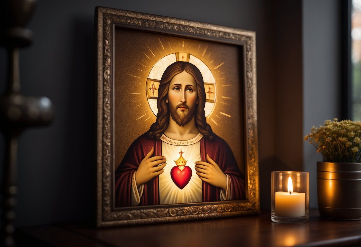 A vibrant Sacred Heart of Jesus wall art hangs in a cozy Catholic home, surrounded by religious decor and warm lighting