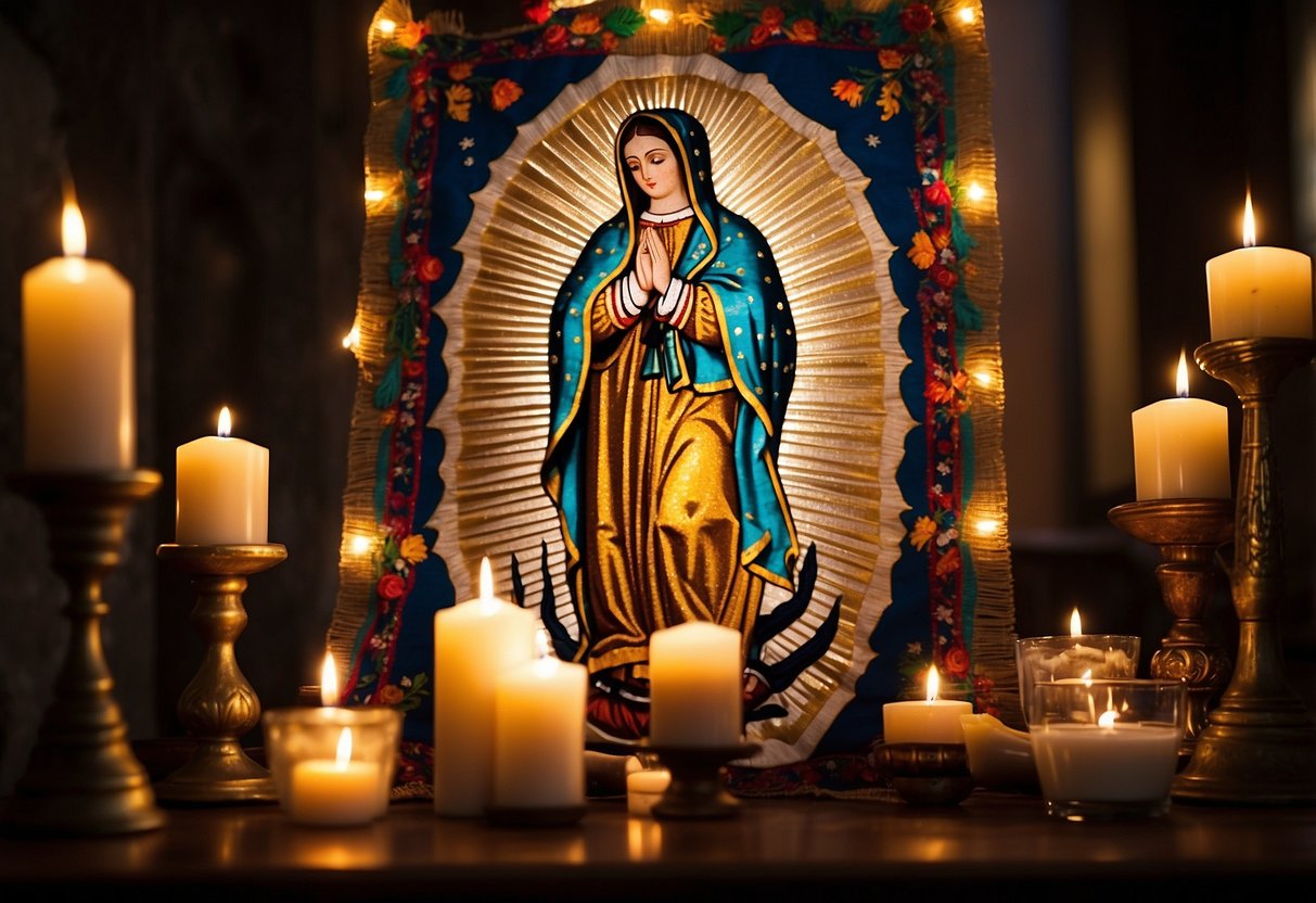 A colorful tapestry of Our Lady of Guadalupe hangs on a wall, surrounded by candles and religious icons. The room is warm and inviting, with cozy furniture and soft lighting