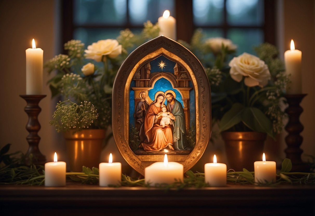 A serene Holy Family icon rests on a mantle, surrounded by flickering candles and fresh flowers, casting a warm and peaceful glow in the room