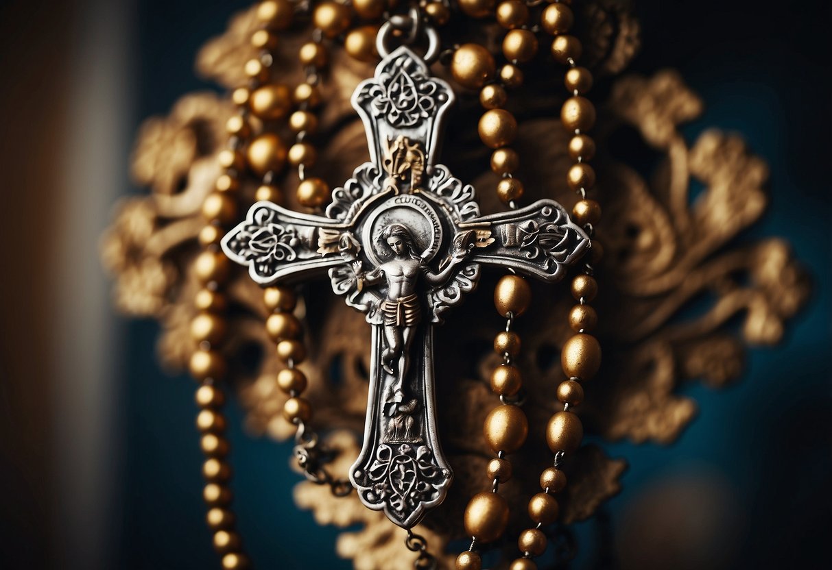 A decorative rosary hangs on a wall-mounted display, surrounded by religious symbols and imagery