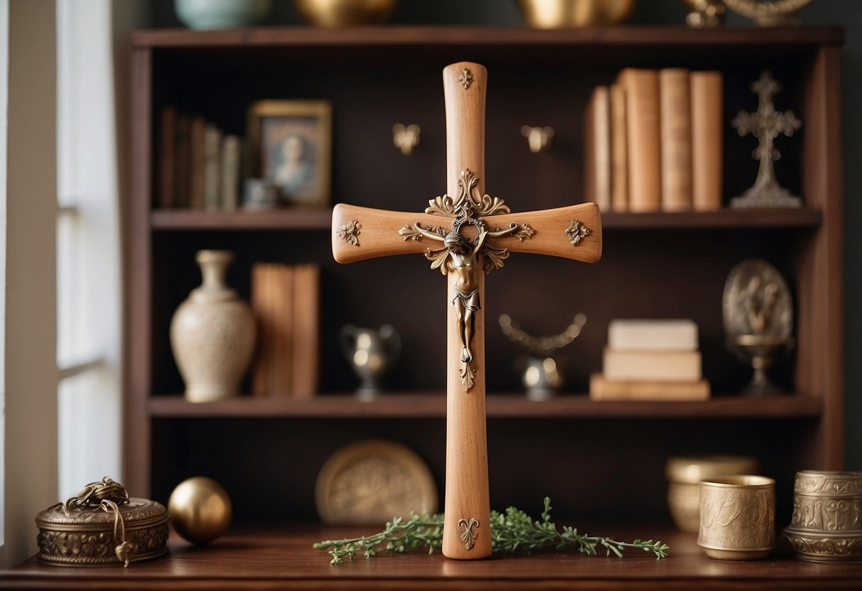 A wooden cross hangs on a shelf, surrounded by Catholic home decor items like rosaries, statues, and religious books