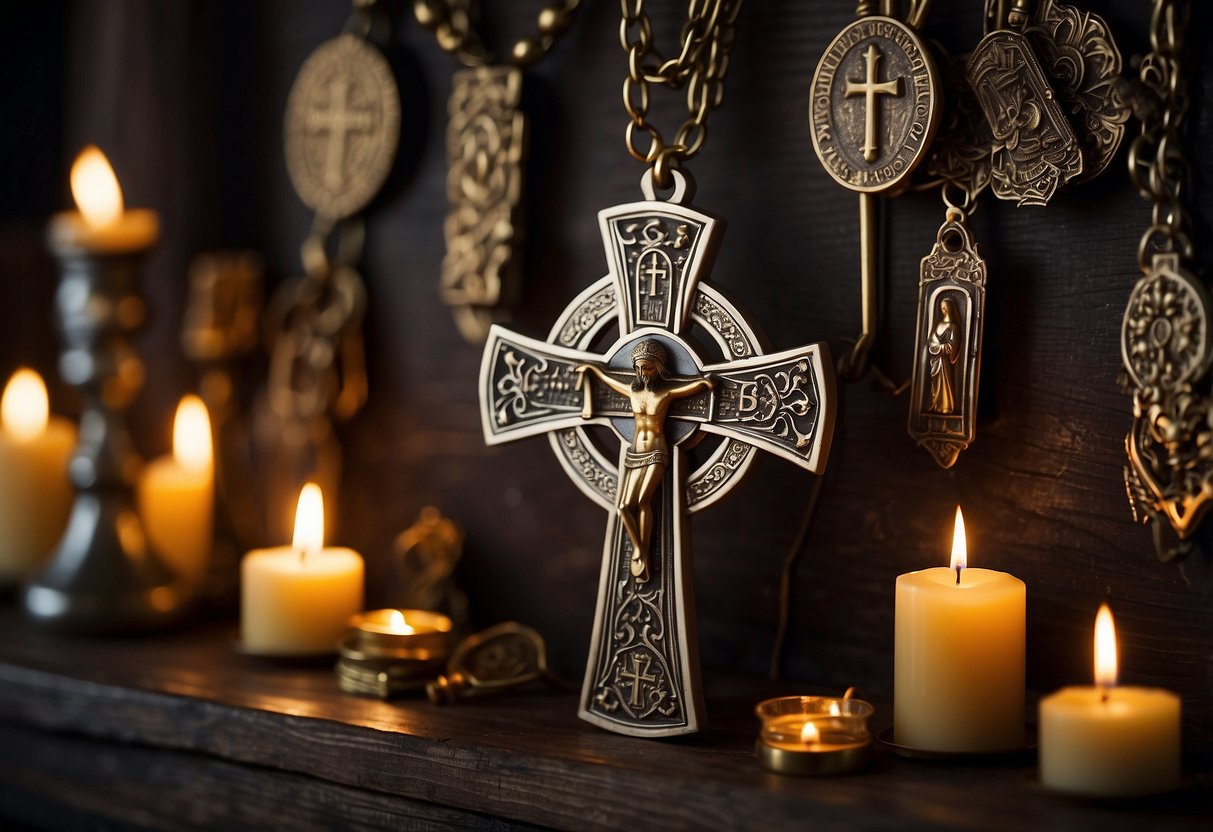 A St. Benedict metal cross hangs on a rustic wall, surrounded by candles and religious icons. Rich colors and intricate details create a sacred atmosphere