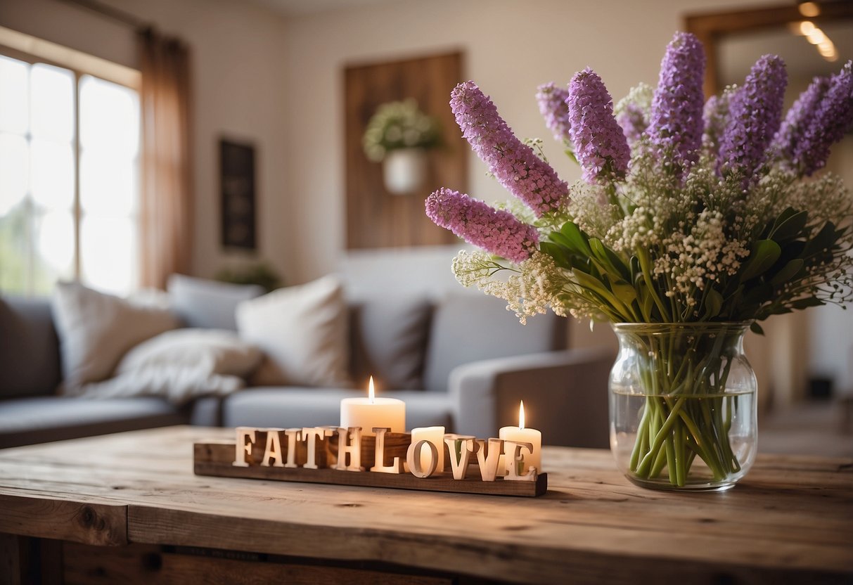 A cozy living room with a "Faith, Hope, Love" wall decal above a rustic wooden cross and a vase of fresh flowers