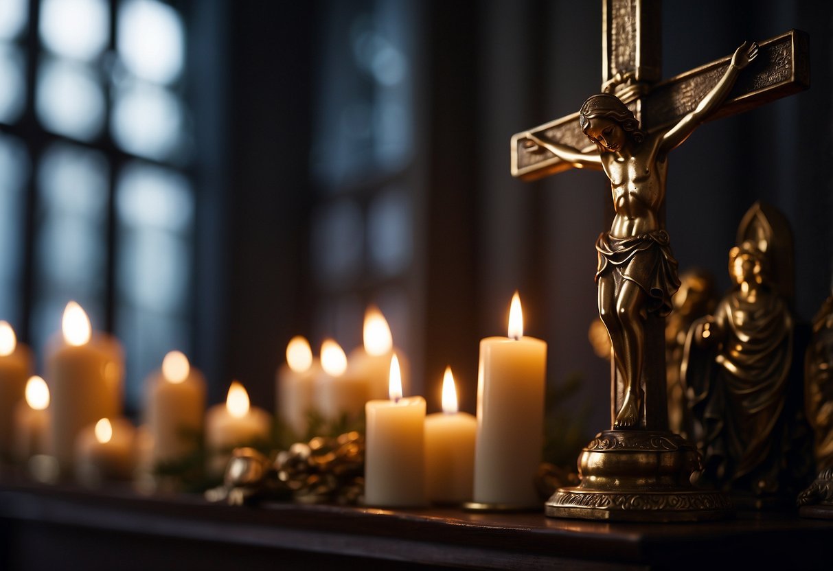 A crucifix hanging above a mantle, surrounded by lit candles and a small statue of the Virgin Mary