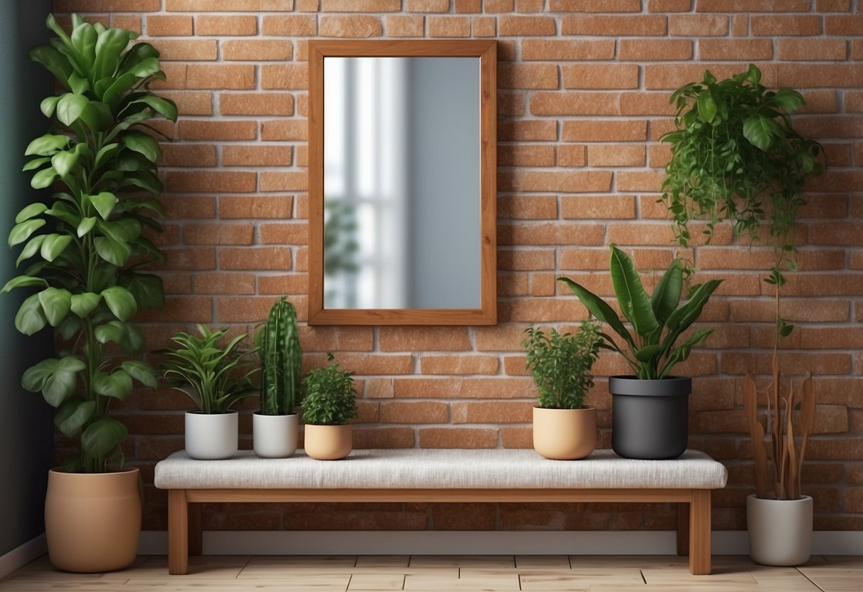 A wooden shelf with potted plants, a mirror, and a framed artwork on a brick wall. A welcome mat and a coat rack are by the door