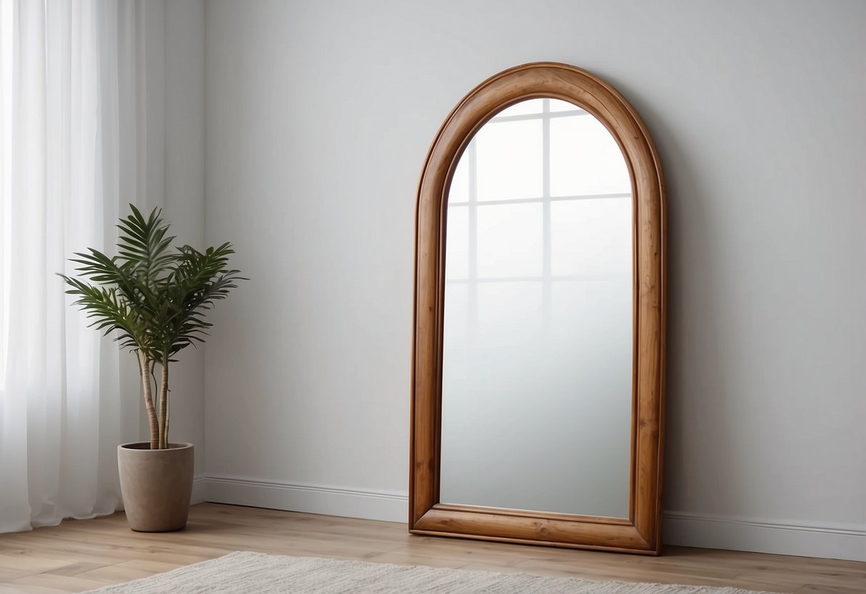 A simple wooden-framed mirror hangs on a white wall, reflecting the entrance space