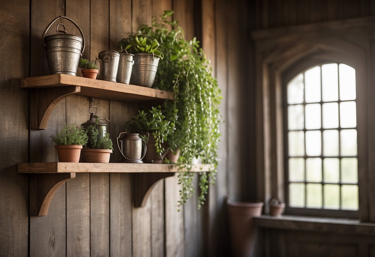 A wooden farmhouse wall shelf adorned with potted plants, vintage lanterns, and rustic decor hangs on a weathered wall near the entrance