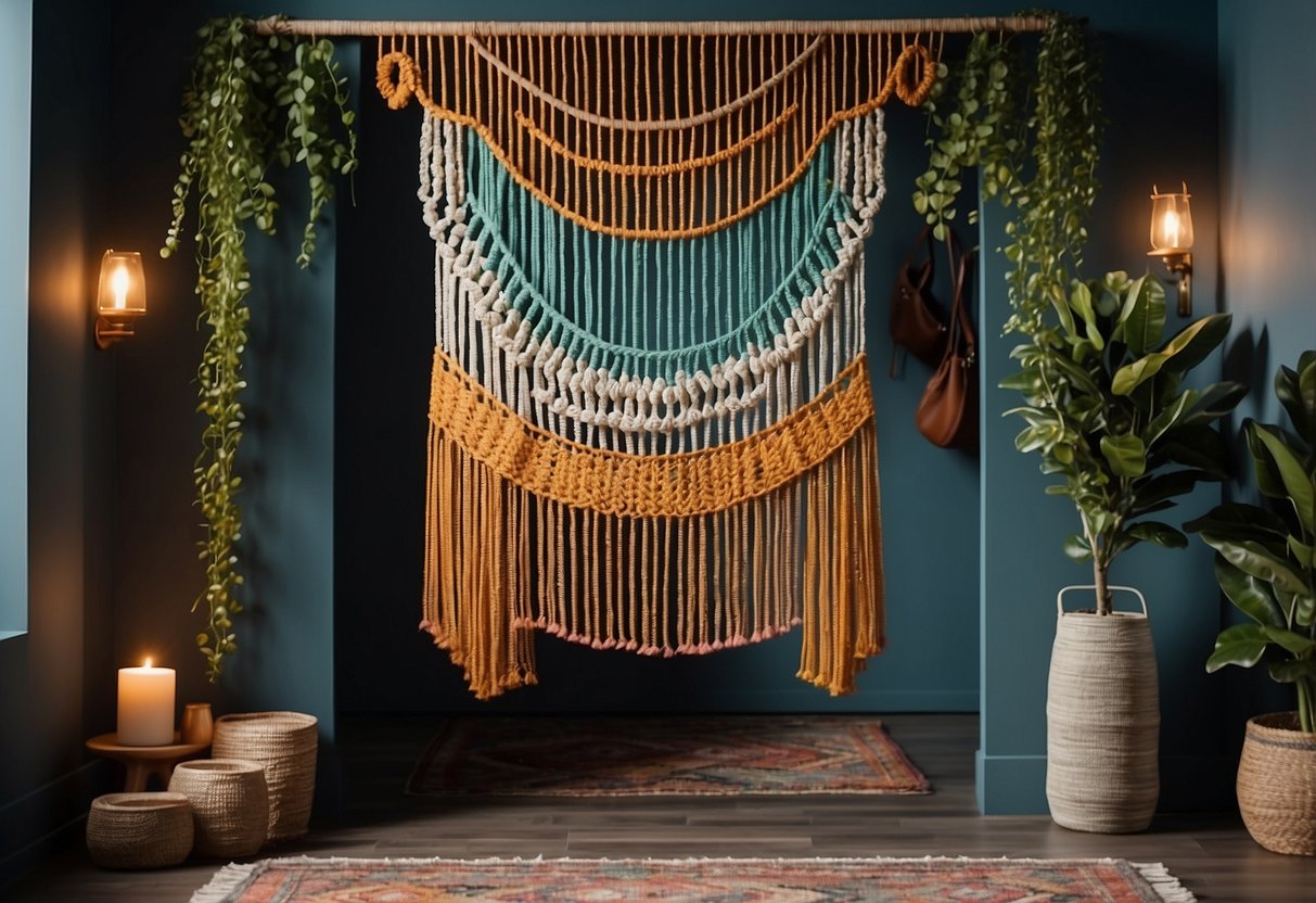 A colorful macramé wall hanging adorns the entrance, adding a bohemian touch to the decor