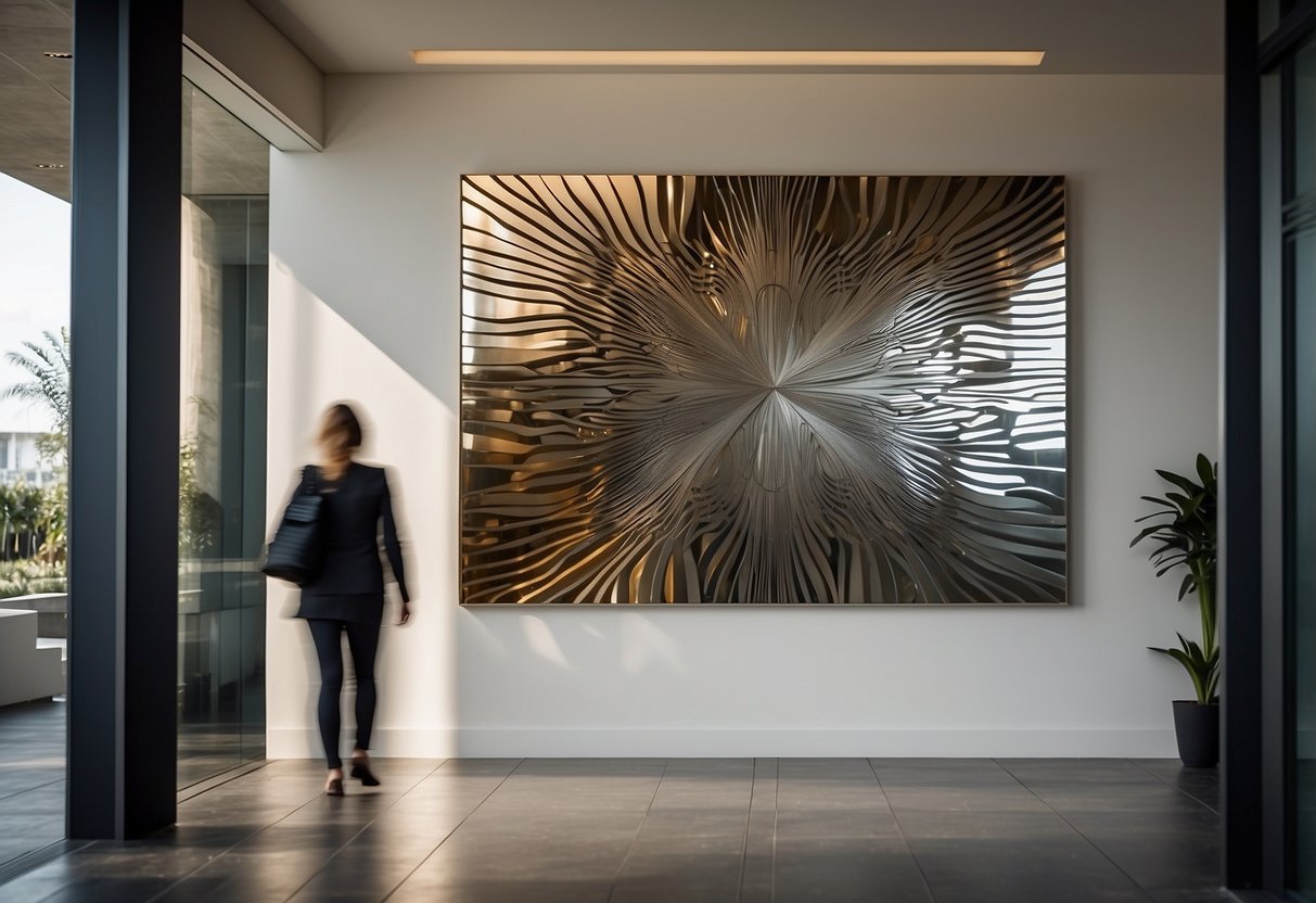 A modern metal wall art piece hangs in the entrance, reflecting light and casting intricate shadows. Geometric shapes and sleek lines create a contemporary and stylish focal point