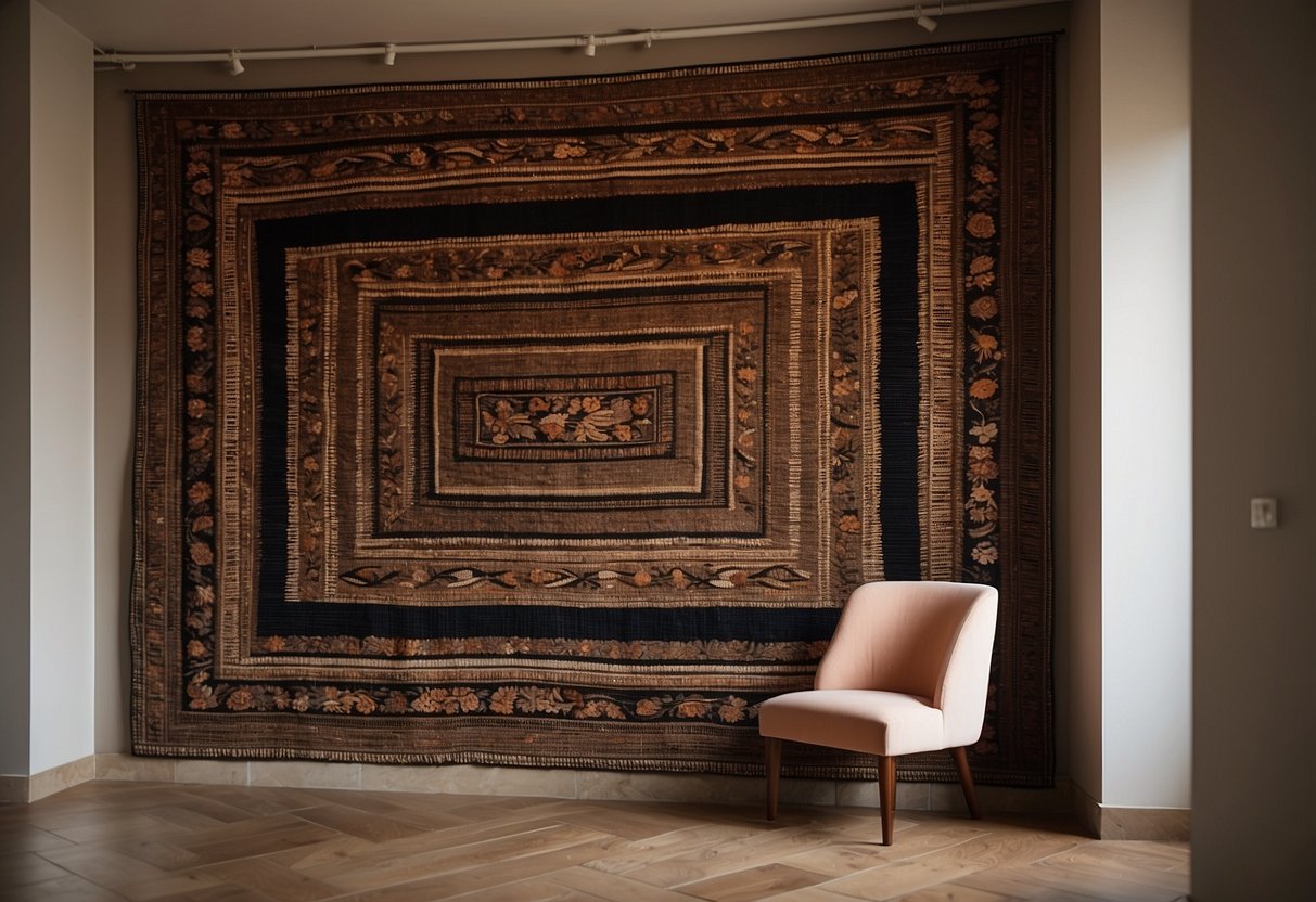 A handwoven tapestry adorns the entrance wall, adding warmth and texture to the space. Rich colors and intricate patterns create a focal point for the room