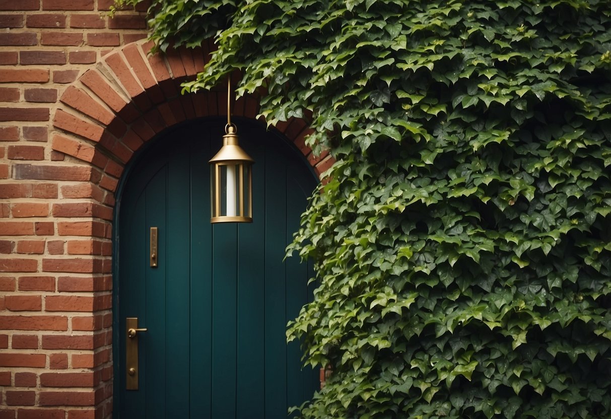 A plant hanger suspends from a hook on a brick wall, adorned with lush ivy cascading down, creating a charming home entrance decor