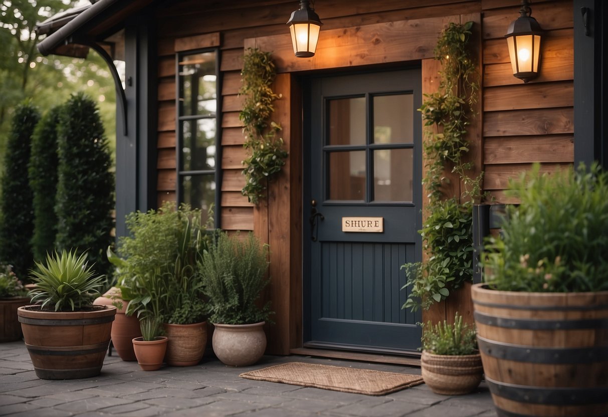 A welcoming entrance with a rustic wooden sign, potted plants, and a vintage lantern hanging on the wall