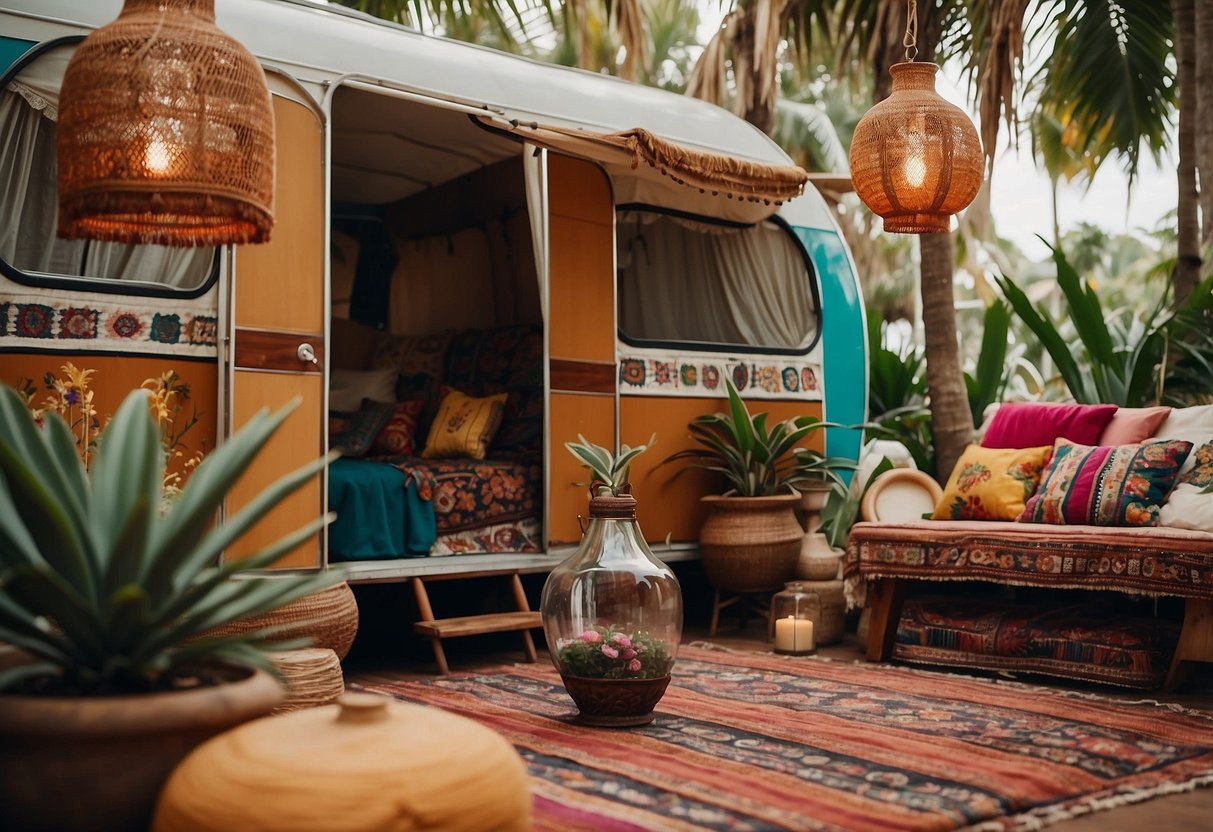 A colorful caravan with vibrant textiles, hanging lanterns, and patterned rugs. A crystal ball sits on a carved wooden table, surrounded by exotic plants