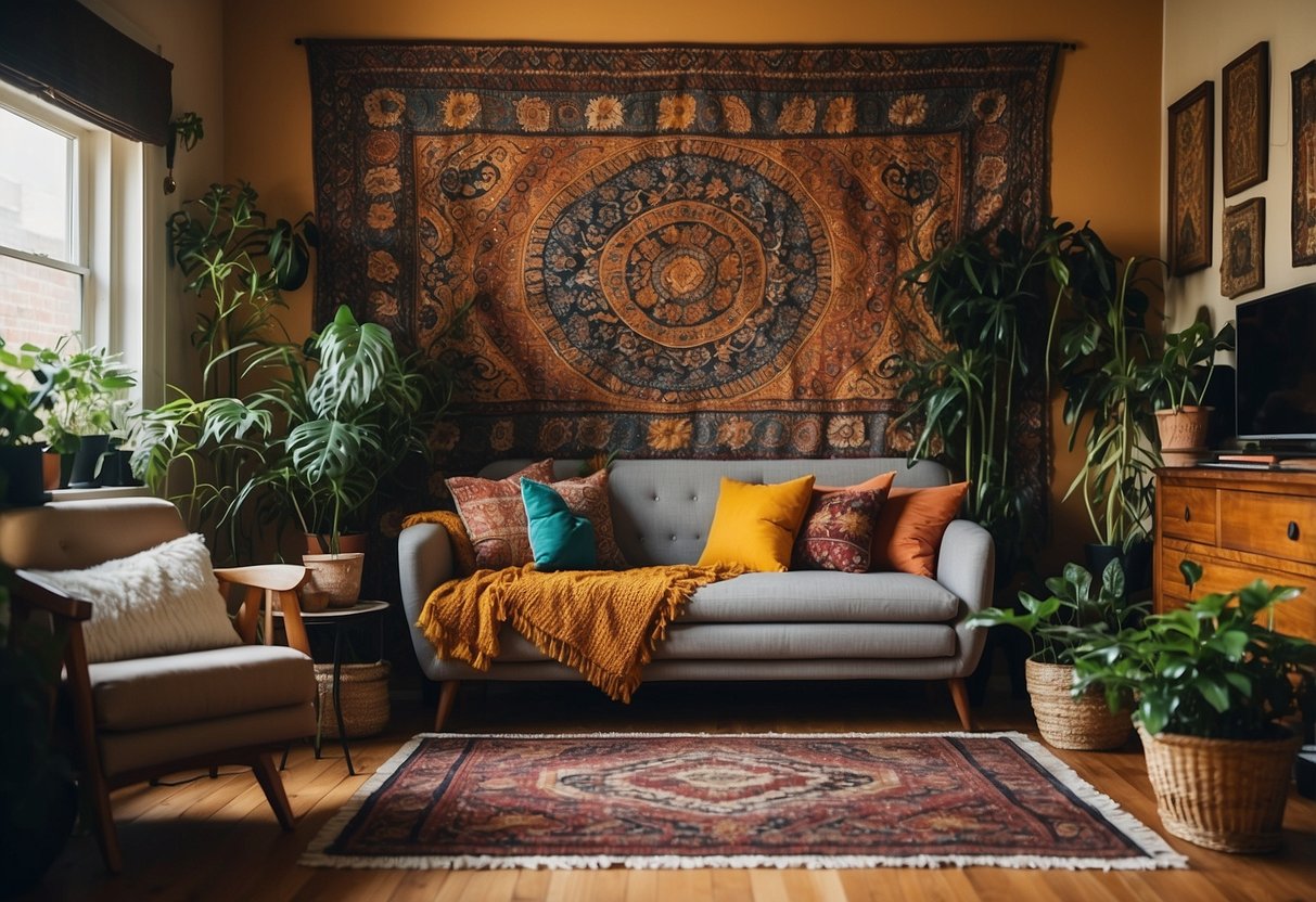 A colorful tapestry adorns a cozy Bohemian home, with eclectic decor including vintage rugs, hanging plants, and vibrant textiles