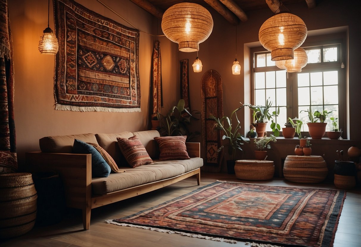 A cozy room with vintage Turkish Kilim rugs on the floor, colorful throw pillows on a low-slung couch, and eclectic wall decor of woven tapestries and hanging lanterns