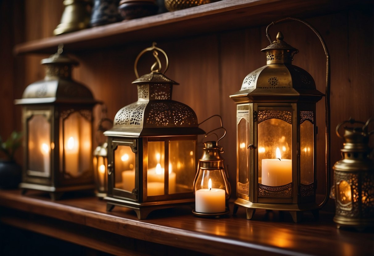 A cozy corner adorned with antique brass lanterns, casting a warm and inviting glow in a gypsy-inspired home decor setting