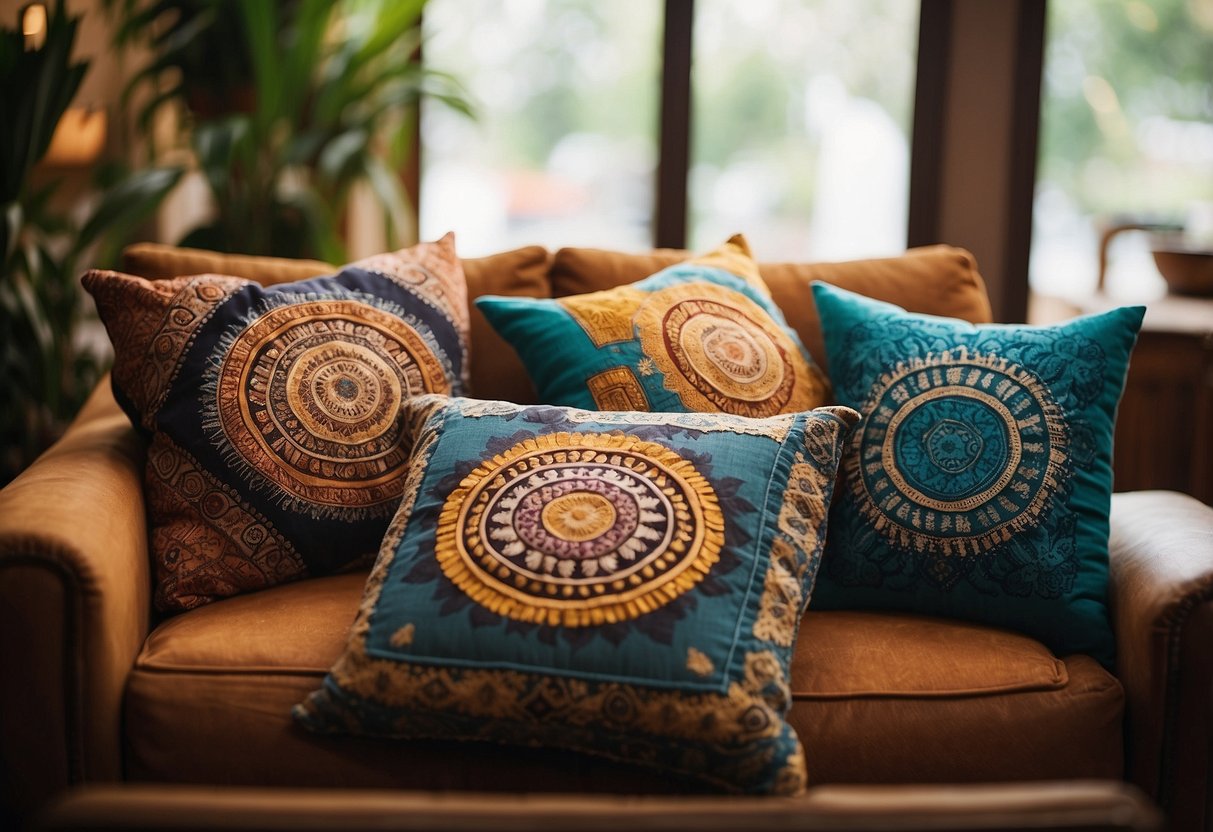 Vibrant mandala throw pillows arranged on a cozy couch, surrounded by ethnic tapestries and bohemian decor