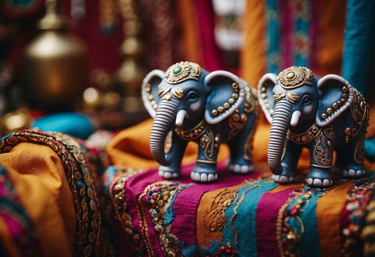 Two ornate elephant statues stand on either side of a colorful tapestry, surrounded by vibrant fabrics and trinkets in a bohemian-inspired home decor setting