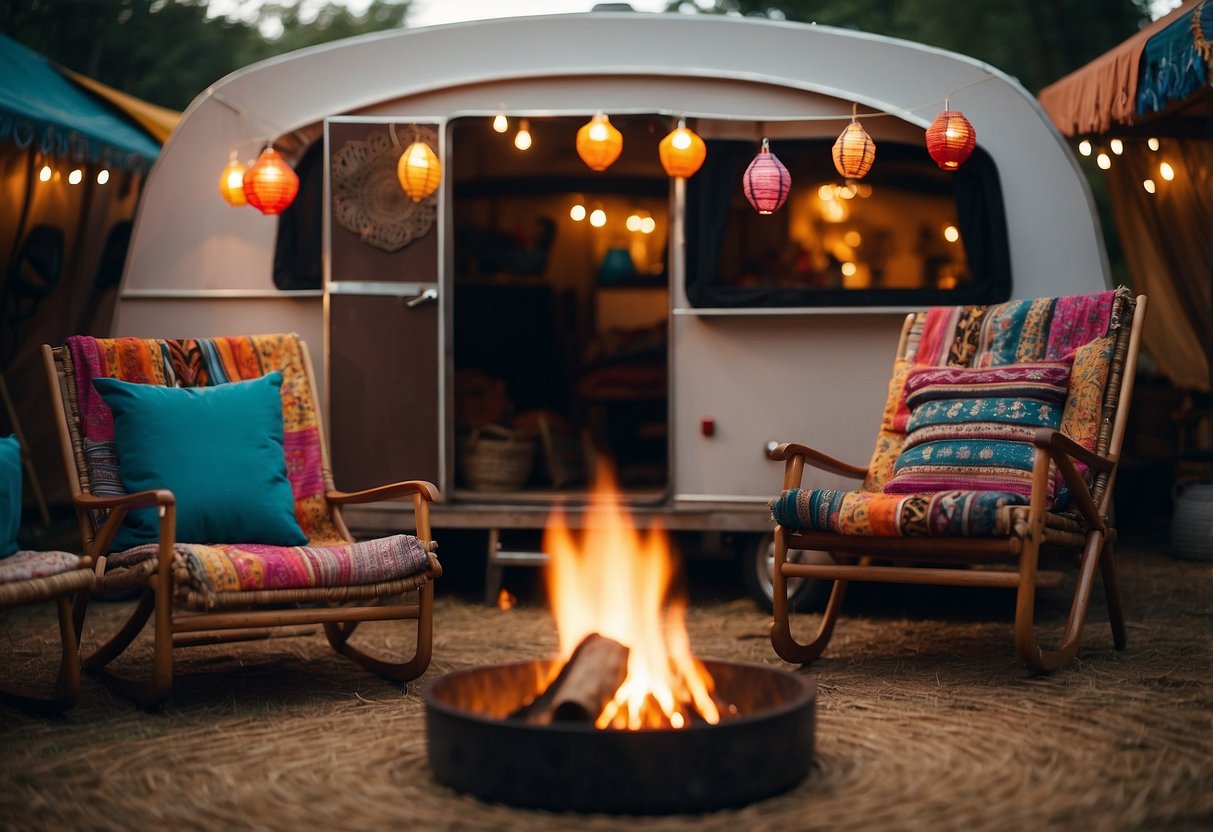 A colorful caravan adorned with vibrant textiles, hanging lanterns, and intricate tapestries. A campfire burns nearby, surrounded by mismatched chairs and cozy rugs