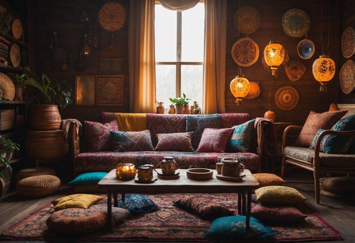 A colorful tapestry hangs on the wall, surrounded by vibrant throw pillows and vintage lanterns. A low table displays an assortment of eclectic trinkets and candles, while a patterned rug covers the floor