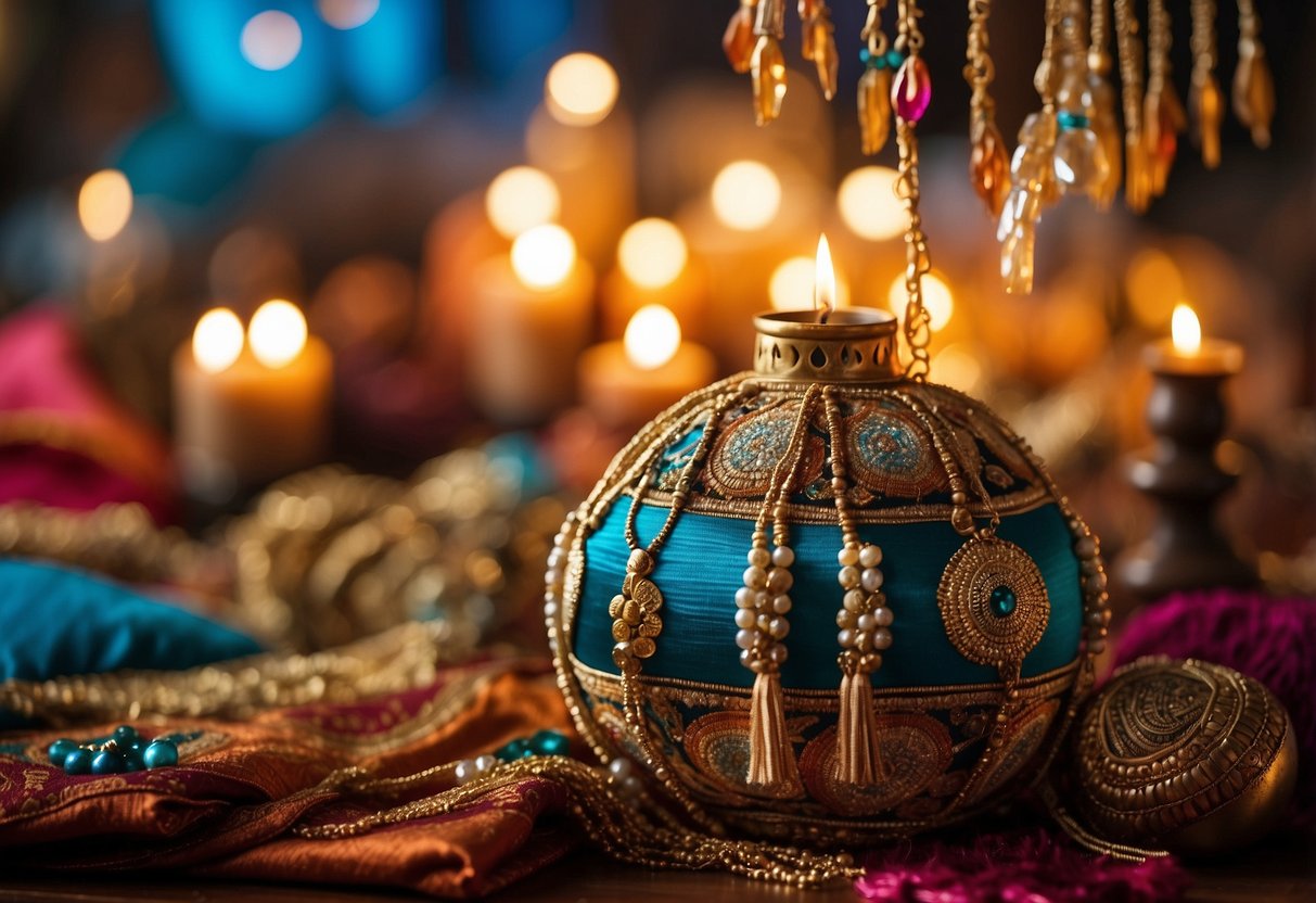 A colorful tapestry hangs on the wall, surrounded by vibrant throw pillows and tassels. A crystal ball sits on a table, reflecting the warm glow of candles and incense