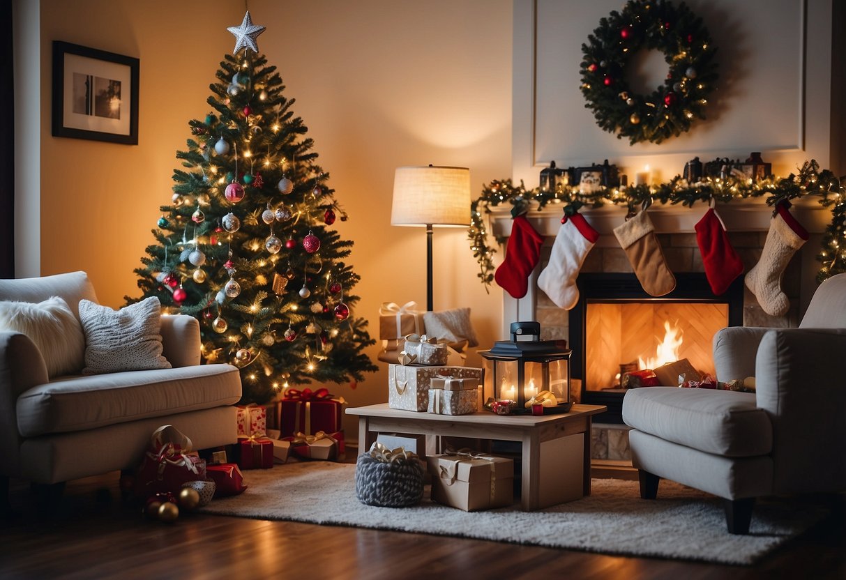 A cozy living room with a fireplace, adorned with twinkling lights, garland, and stockings. A beautifully decorated Christmas tree stands in the corner, surrounded by presents and festive ornaments