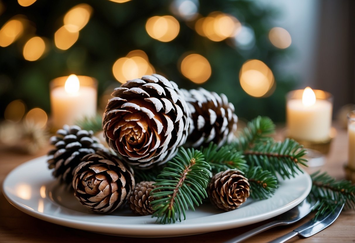 A pinecone centerpiece sits on a festive table, surrounded by twinkling lights and greenery, creating a cozy holiday atmosphere