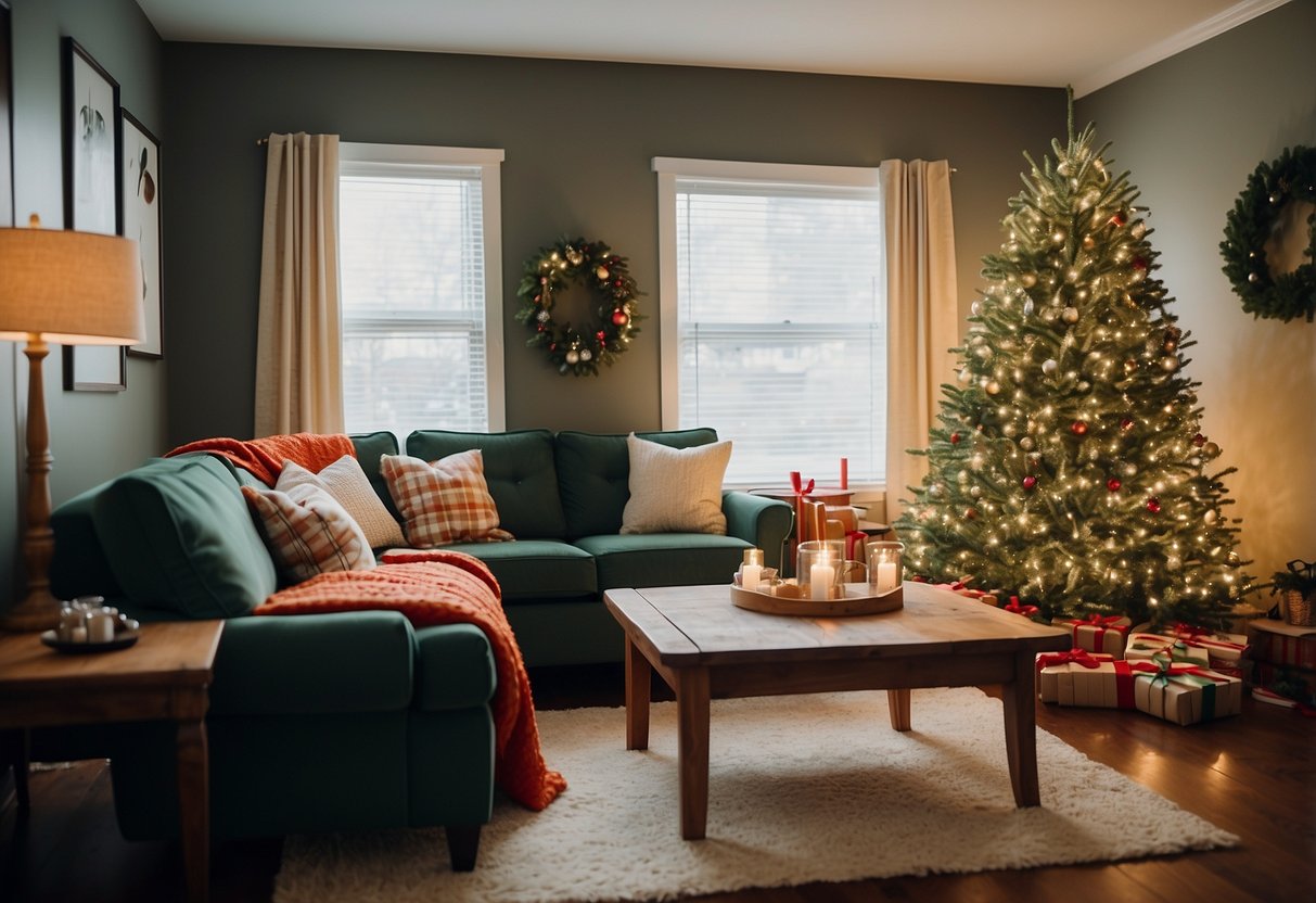 A cozy living room with plaid throw blankets draped over a sofa and armchair, adorned with festive holiday decor like twinkling lights and evergreen garlands